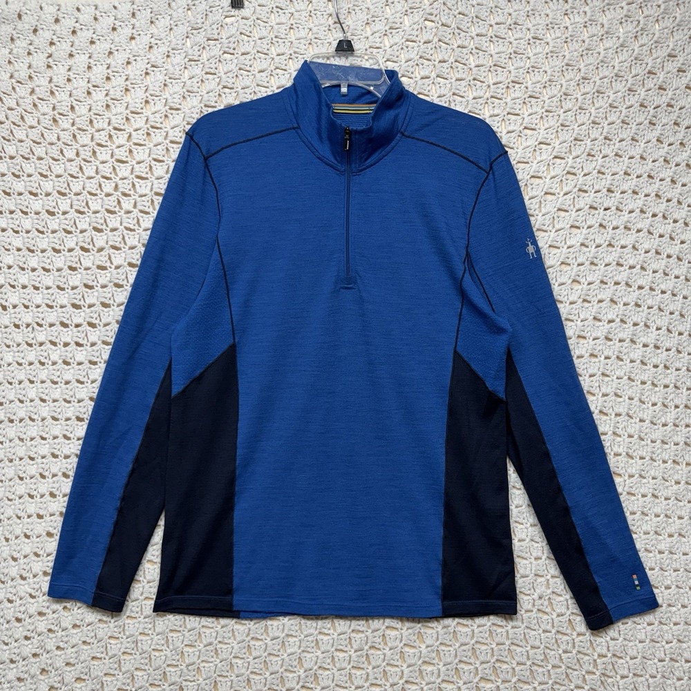 Smartwool Merino Sport 250 Pullover Mens Sz M Blue Black 1/4 Zip Shirt Long Slv